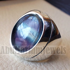 natural multi color fluorite purple blue green huge men ring sterling silver 925 unique stone all sizes jewelry fast shipping  style