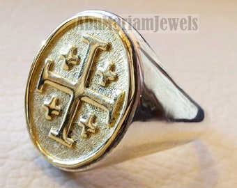 Croix de Jérusalem bague christ chrétien argent sterling 925 et bronze homme cadeau bijoux ovale style vintage toutes tailles catholique orthodoxe