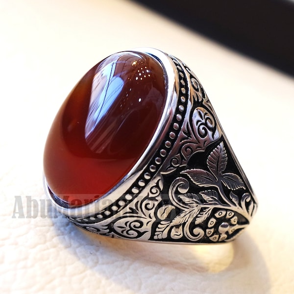 Striped aqeeq natural liver agate carnelian  stone oval red cabochon gem man ring sterling silver arabic middle eastern turkey style