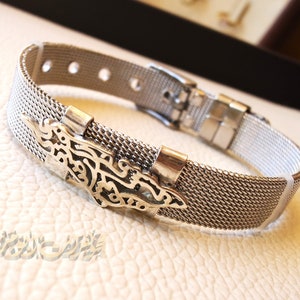 Heren / dames armband roestvrij staal zilverkleur 10 mm breed, sterling zilver 925 Palestina kaart hanger met beroemd gedicht omvangrijk