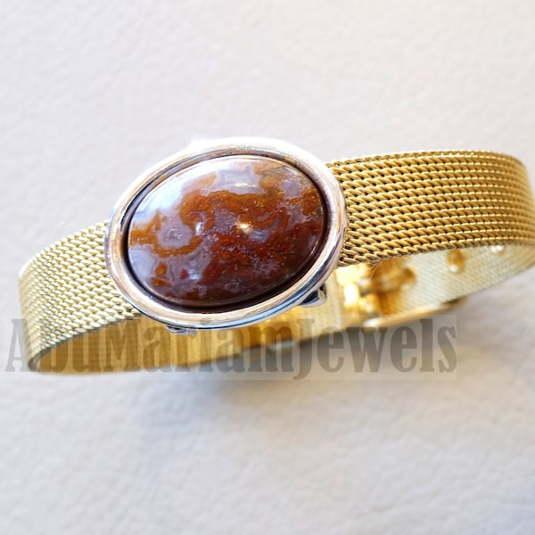 Men / women bracelet stainless steel yellow color 10 mm width  , silver 925 bezel Agua nevada Aqeeq natural healing stone sizable