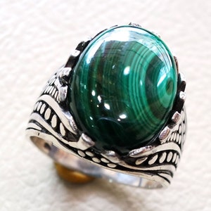 malachite grand ovale naturel semi pierre précieuse argent homme bague toutes tailles bijoux cabochon vert moyen-orientale style antique image 5