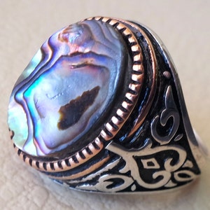 abalone shell colorful heavy ring sterling silver ottoman style all sizes jewelry men unique gift all sizes fast shipping bronze frame