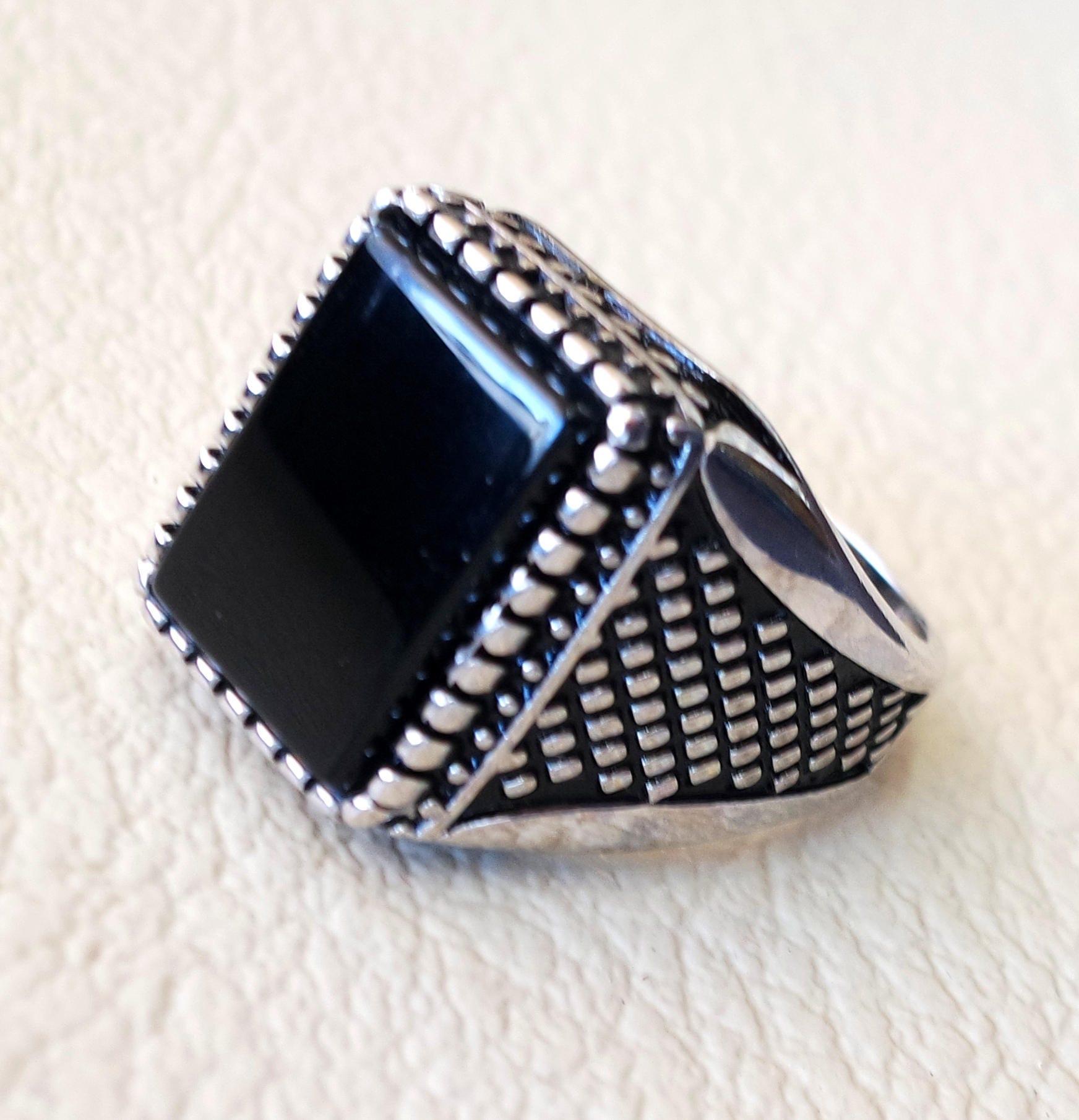 Black aqeeq ring Rectangular silver onyx flat natural semi | Etsy