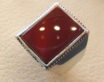 Rectangular silver aqeeq flat natural semi precious agate carnelian gemstone men ring sterling silver 925 jewelry all sizes fast shipping