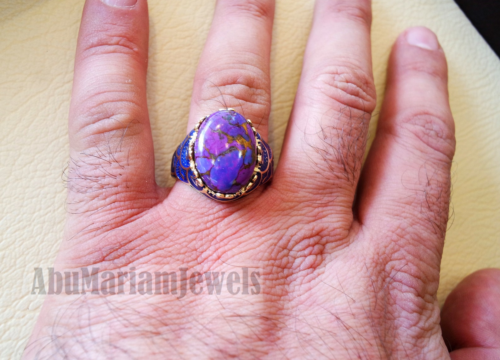 10k Yellow Gold Men Ring Blue Enamel Copper Purple Turquoise Etsy