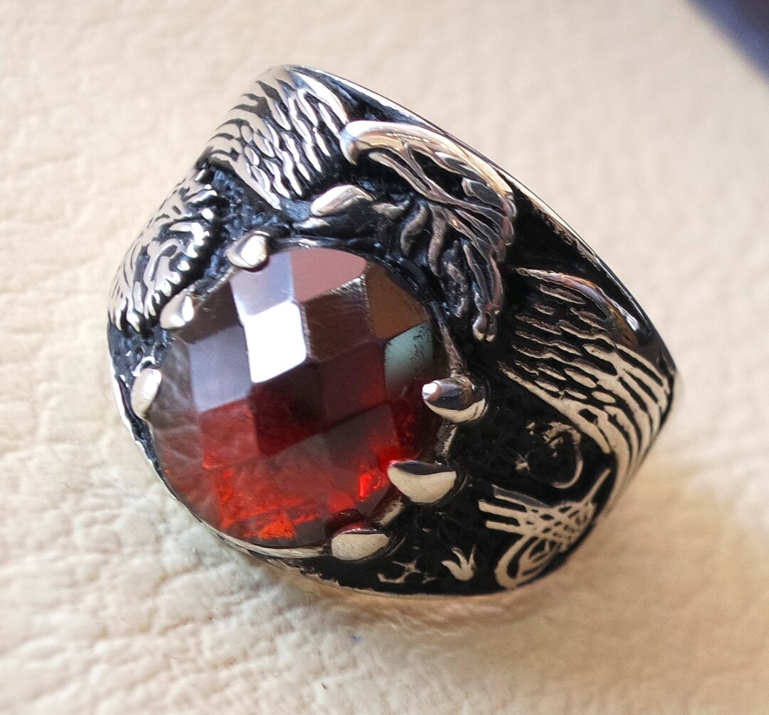 Red Ruby Imitation Oval Stone Arabic Men Ring Sterling Silver 925 Eagle ...