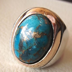 Copper Turquoise Natural Stone Men Sterling Silver 925 Ring Oval ...