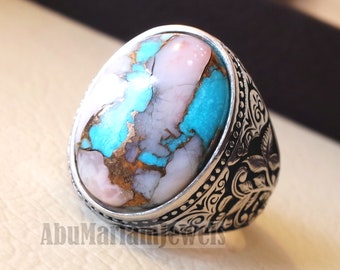 Copper pink Opal Turquoise blue natural stone ring sterling silver 925 men jewelry all sizes gem highest quality middle eastern style