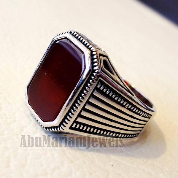 cushion rectangular octagon agate dark red aqeeq carnelian man ring sterling silver 925 natural stone gem all sizes jewelry fast shipping