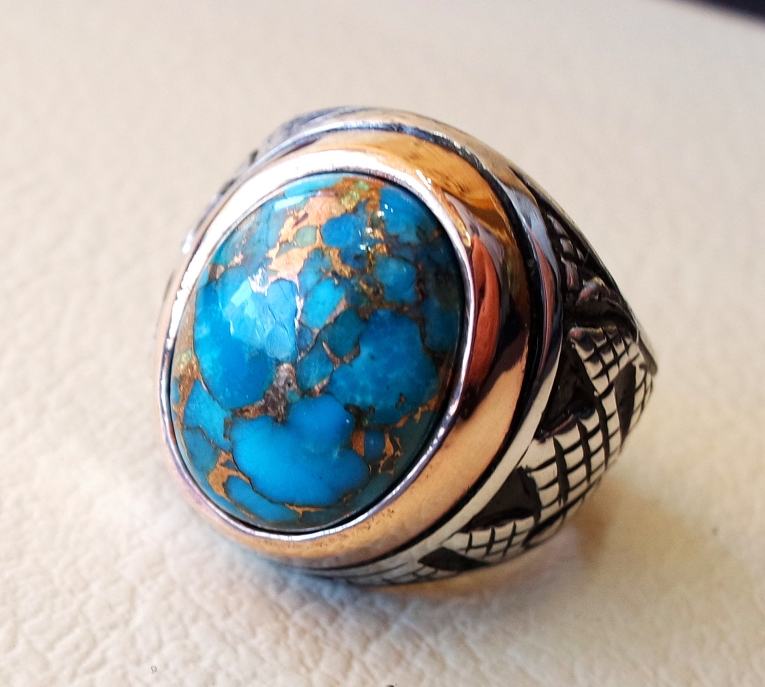 Natural Copper Turquoise Handmade Unique 925 Sterling Silver Ring 7.75 B1357 Natural Copper Turquoise Handmade Unique 925 Sterling Silver Ring 7.75 B1357
