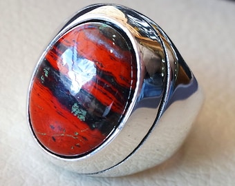 snake skin jasper stone natural gem sterling silver 925 heavy ring red and black oval semi precious cabochon man ring jewelry all sizes