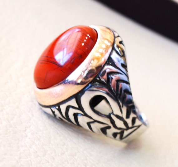 【高知インター店】 Pure Red Sterling Gem Aqeeq Natural Stone Ring Man Jasper アクセサリー