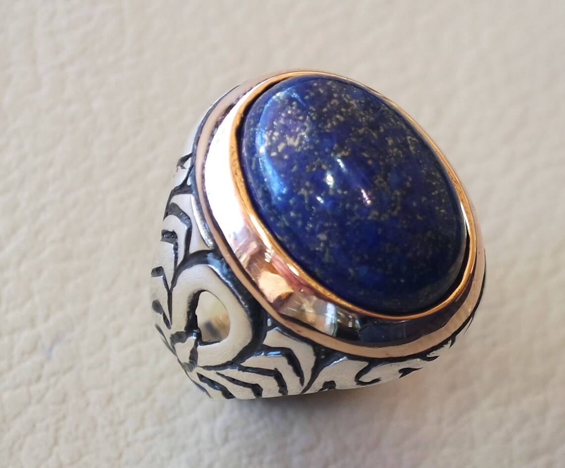 Lapis lazuli men ring oval cabochon natural blue stone Etsy