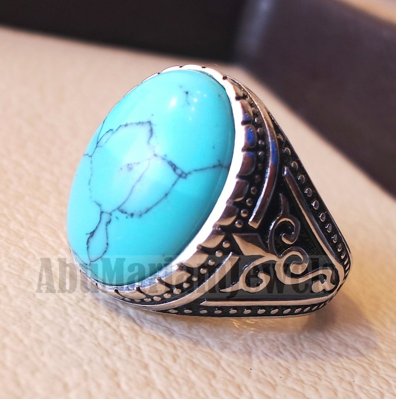blue turquoise cabochon stone sterling silver 925 men ring vintage ottoman style jewelry oval imitation stone all sizes fast shipping image 1