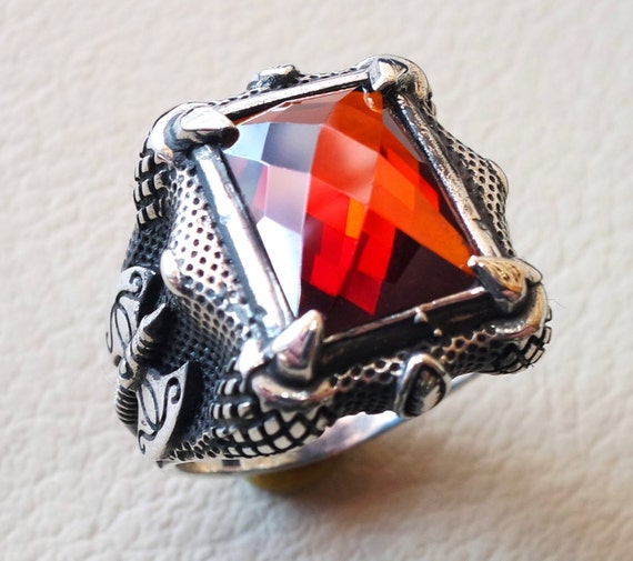 Medieval Axe Ring Red Ruby Color Synthetic Stone Heavy Huge Man