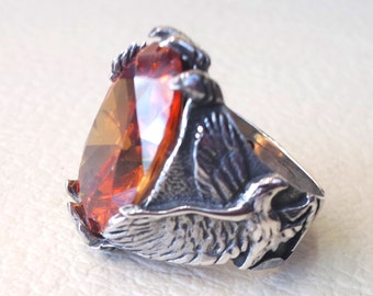 deep vivid fancy orange cubic zirconia oval stone highest quality stone sterling silver eagle 925 men ring  all sizes jewelry fast shipping