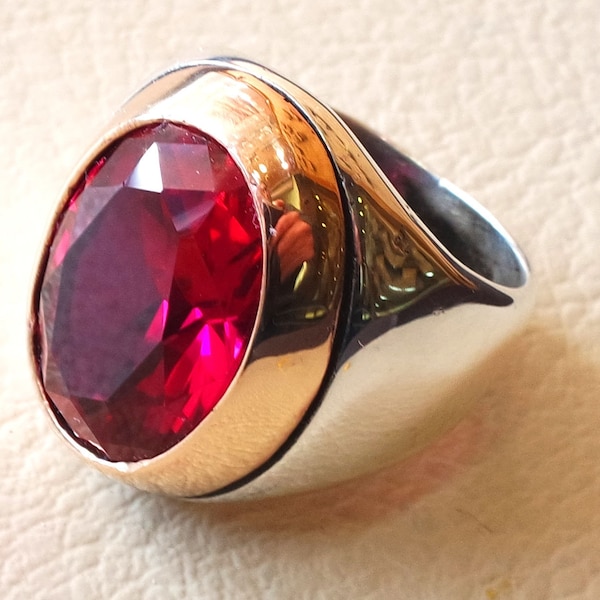 ruby identical synthetic stone high quality imitation corundum red color huge men ring sterling silver 925 any size bronze frame jewelry