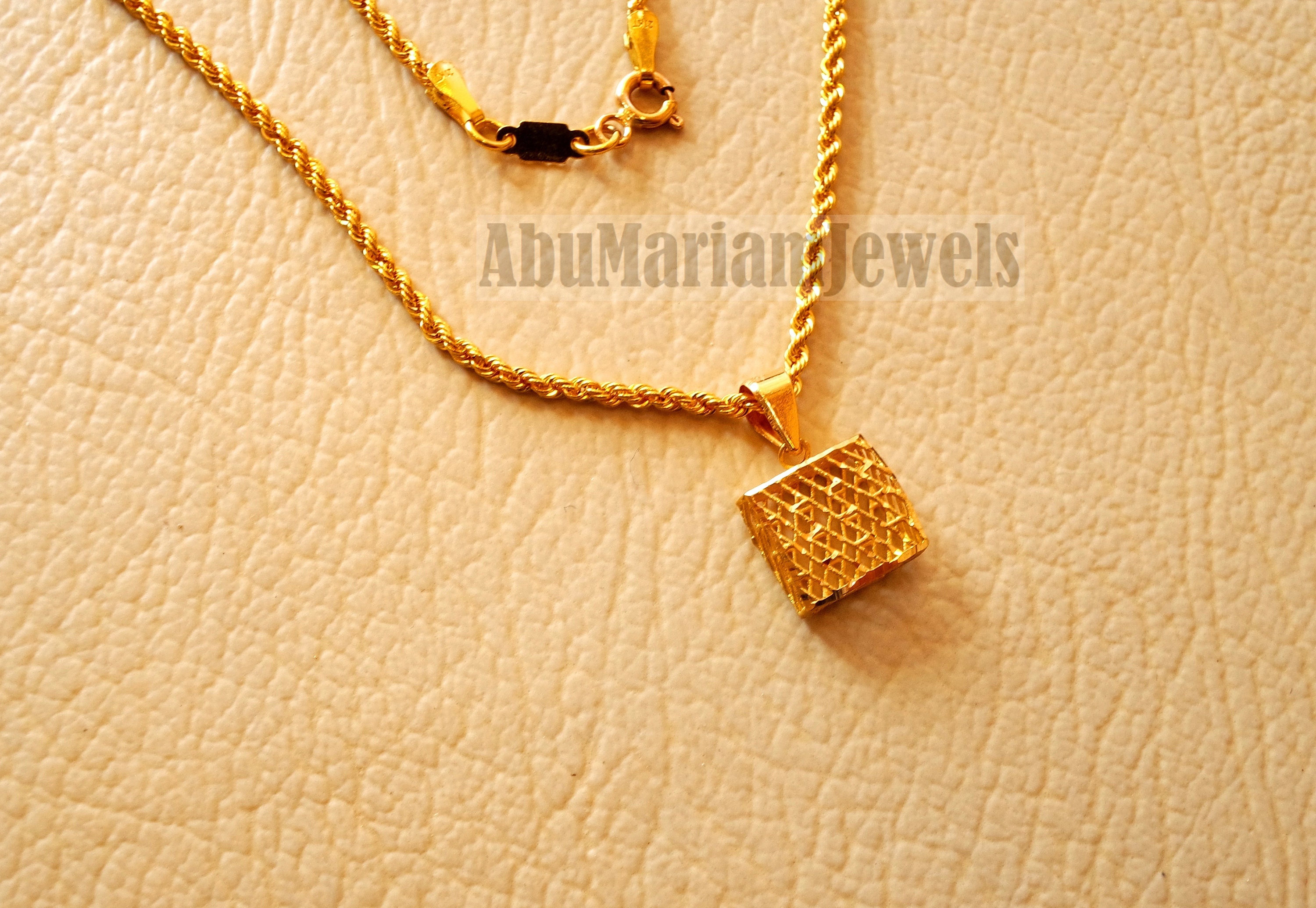 Square 3d 21 K Gold Pendant With Rope Chain Fine Jewelry
