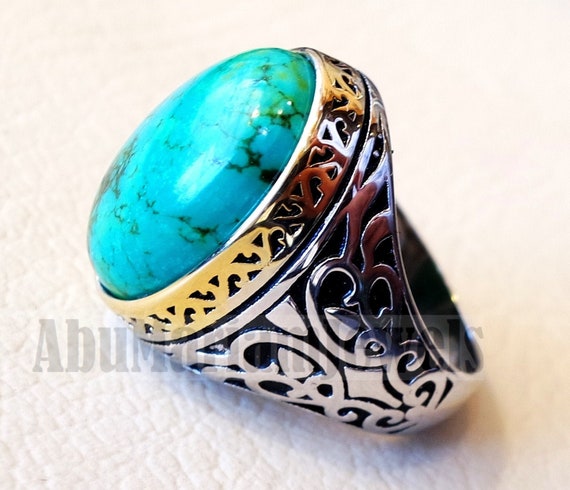 Man Ring Nishapur Tibet Turquoise Blue Natural High Quality Stone