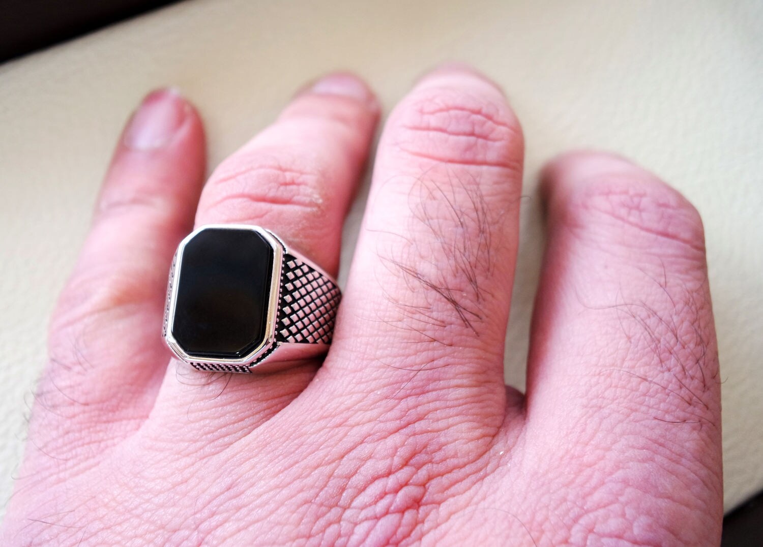 Cushion rectangular octagon black onyx agate aqeeq man ring | Etsy
