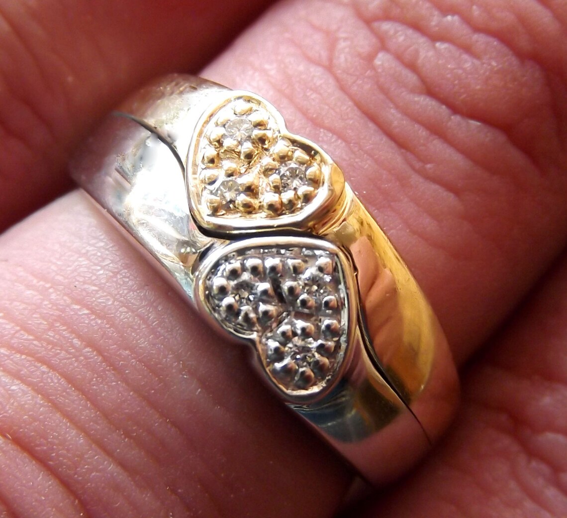 Diamond Promise Ring 14 K Two Tone Gold Heart Heavy 1980's Etsy UK