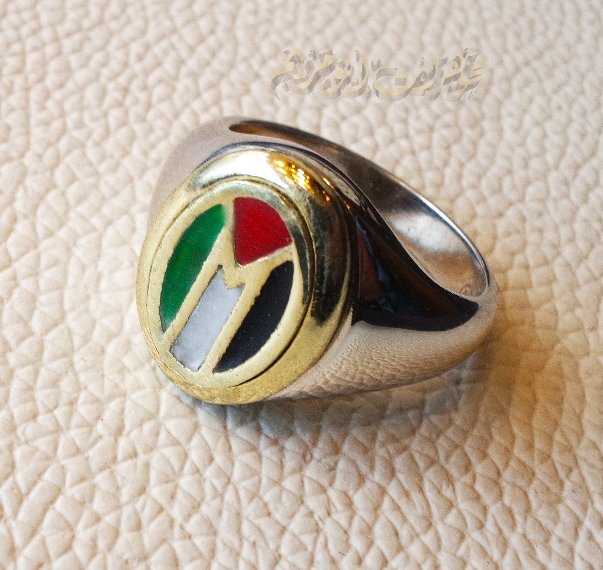 Palästina Flagge Mann schwerer Ring Sterling Silber und Farbe Emaille Arabisch Bronze Rahmen und Ring Gesicht Stil schnelle Lieferung alle Größen