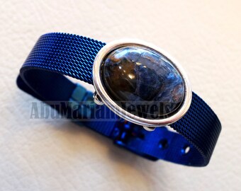 Men / women bracelet stainless steel dark blue color 10 mm width  , silver 925 bezel pietersite natural healing  stone sizable