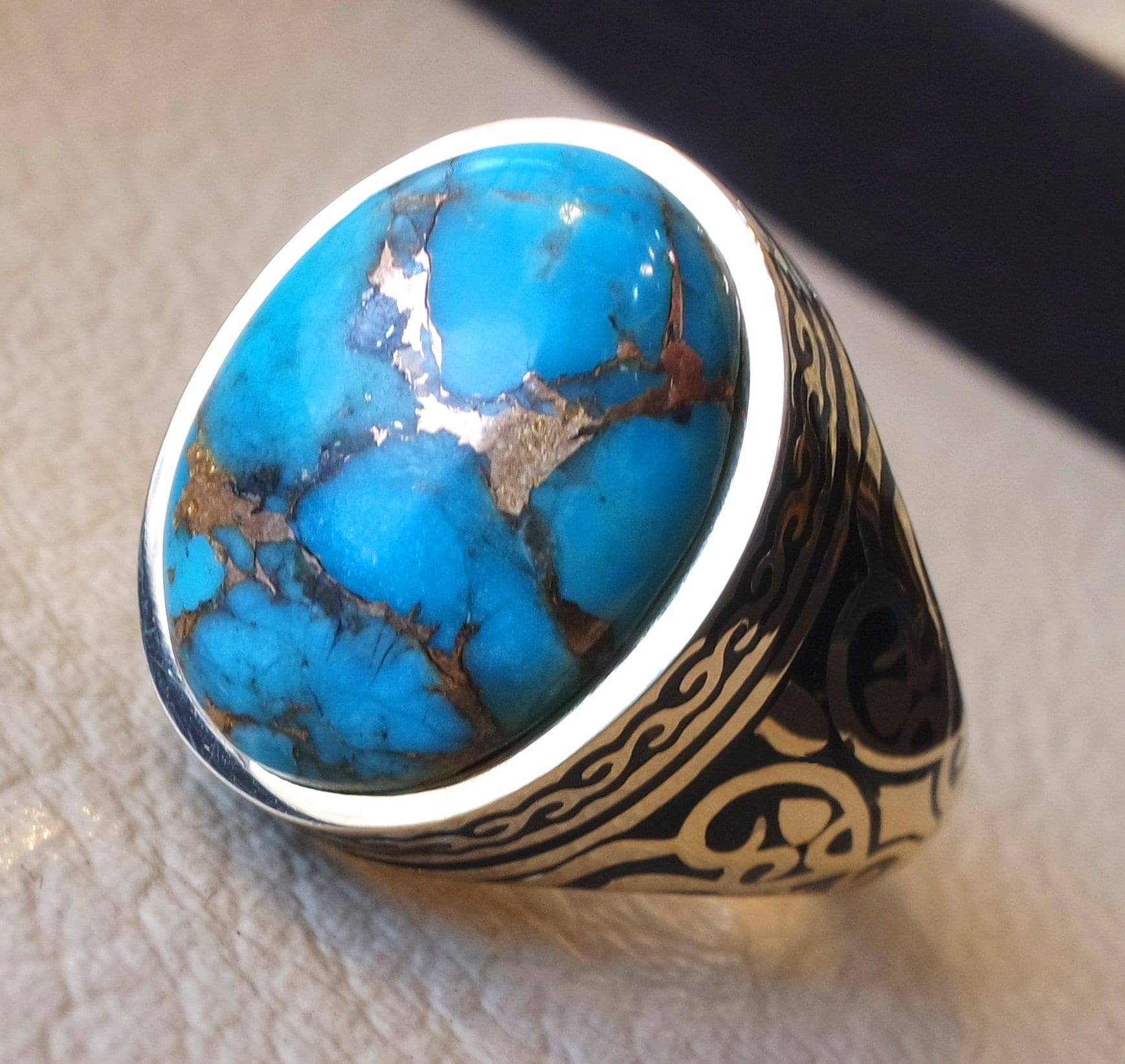 18k Yellow Gold Men Ring Blue Turquoise Cabochon High Quality - Etsy