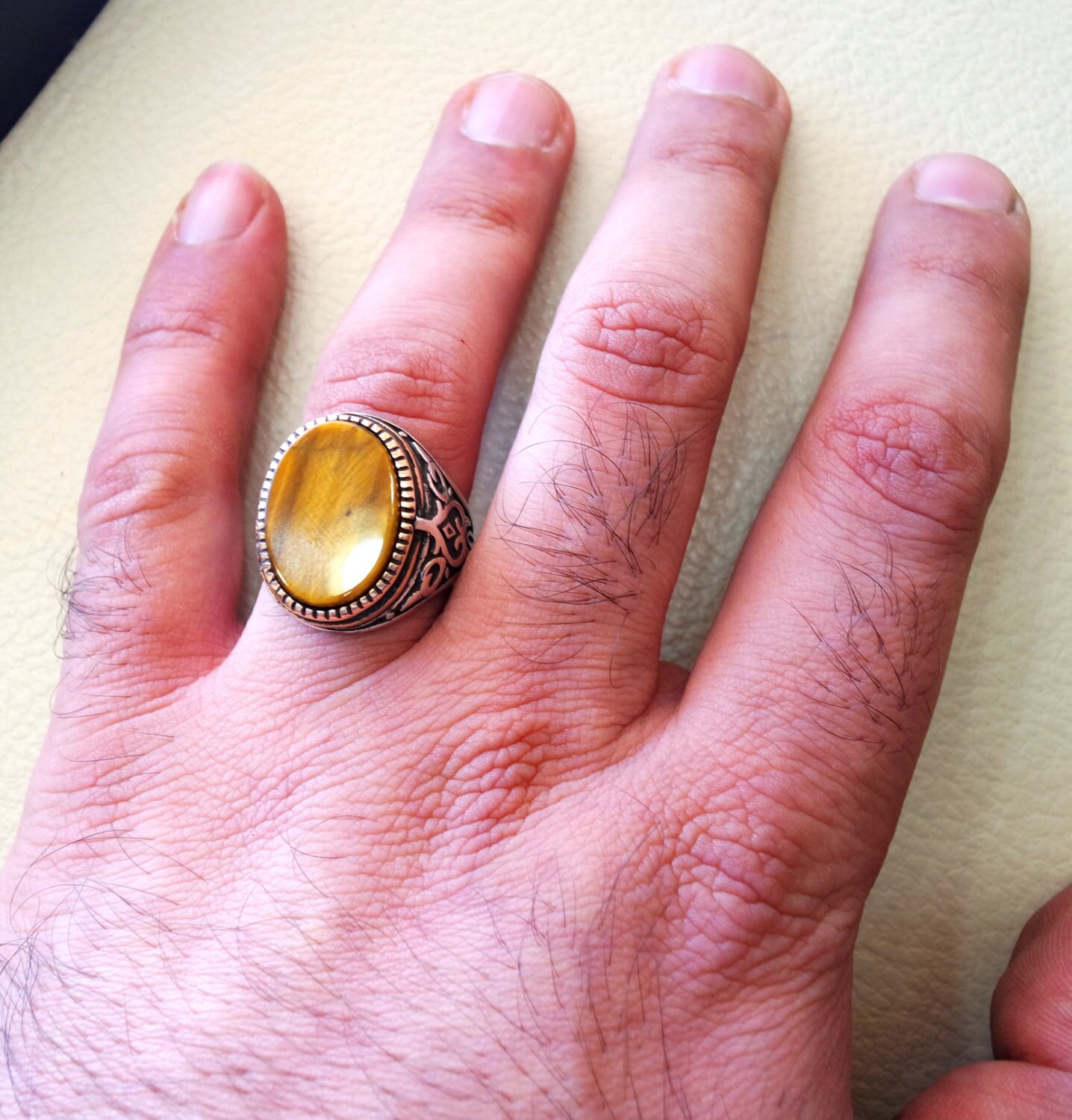 Bague Homme En Argent 925 Avec Œil De Tigre Orange Doré - Bicolore - Neuf Avec Étiquettes