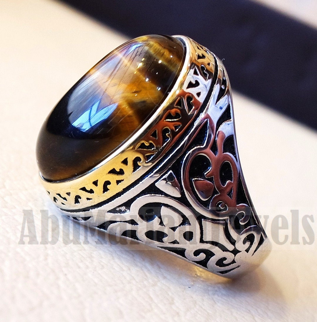Tiger Eye Men Ring Sterling Silver 925 Cat Eye 14 K Plated