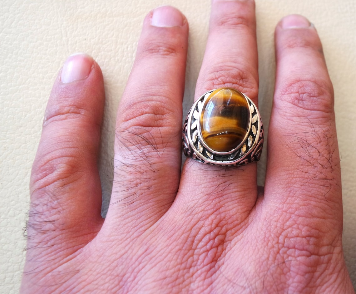 Big Men Ring Tiger Eye Cat Eye Natural Cabochon Semi Precious Etsy