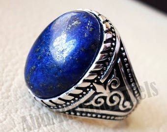 man ring lapis lazuli oval cabochon natural dark blue stone  sterling silver 925 men jewelry all sizes 18 * 13 mm antique middle eastern