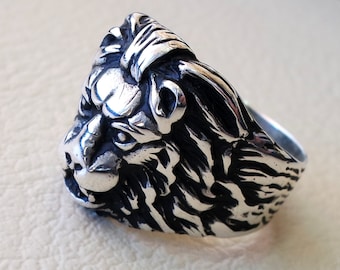 lion anneau lourd en argent 925 homme biker bague toutes tailles à la main animaux bijou de tête expédition rapide et détaillé de l’artisanat