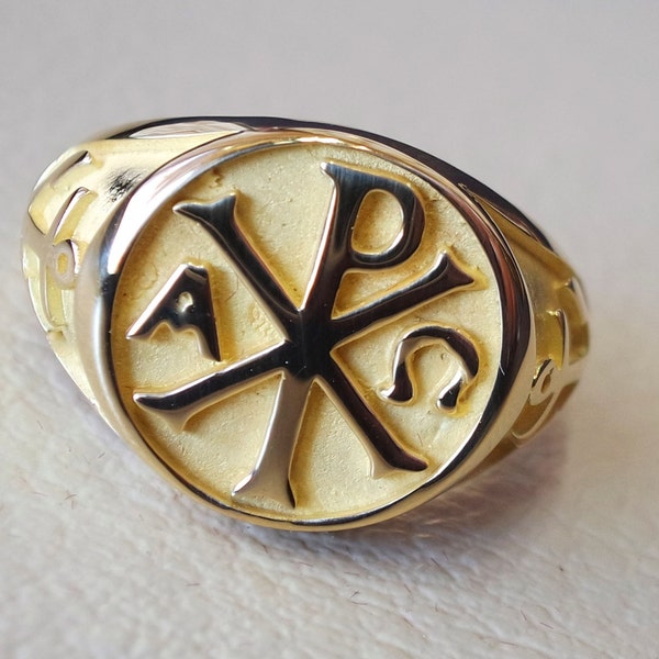 Chi Rho anchor cross christ christian symbol 18 k gold heavy man ring made to order fine jewelry full insured shipping and wood box