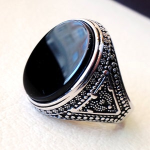 Aqeeq Natural Agate Onyx Huge Big Stone Oval Black Flat Gem Man Ring ...