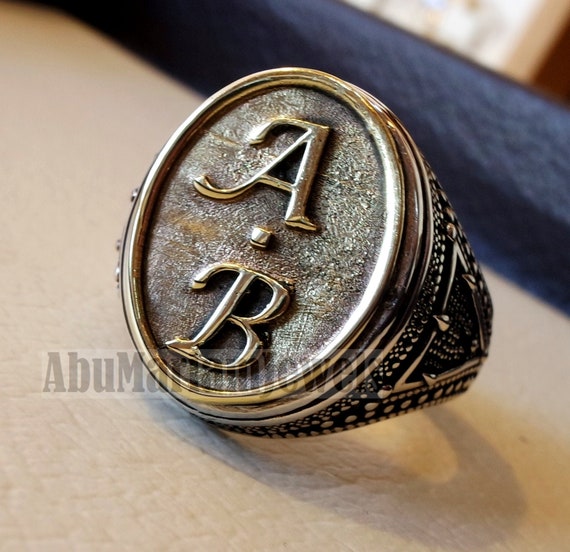 Custom Monogram Ring - Initial Letter Ring Vintage, Oval - Silver and Gold