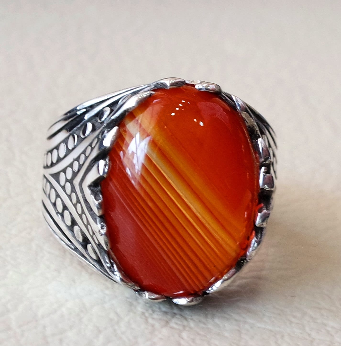 Striped Agate Aqeeq Stone Red Carnelian Semi Precious Men Ring Etsy