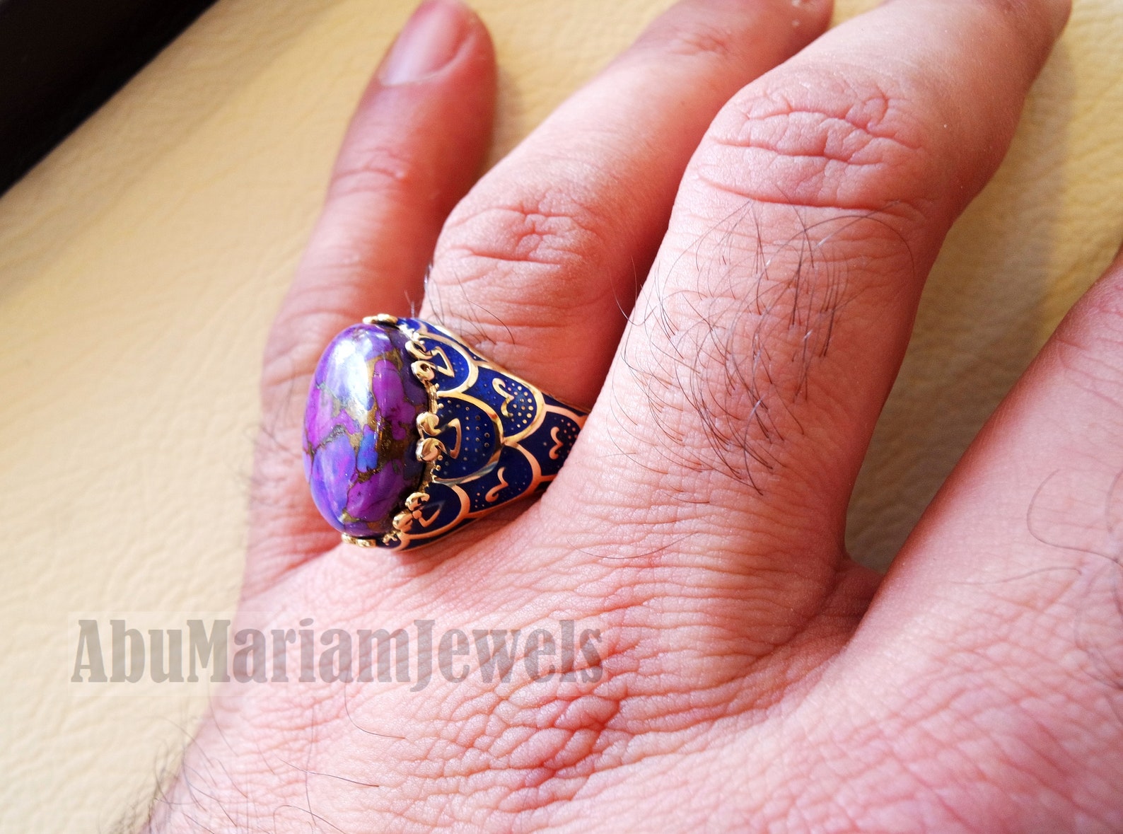10k Yellow Gold Men Ring Blue Enamel Copper Purple Turquoise Etsy