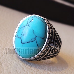 blue turquoise cabochon stone sterling silver 925 men ring vintage ottoman style jewelry oval imitation stone all sizes fast shipping image 3