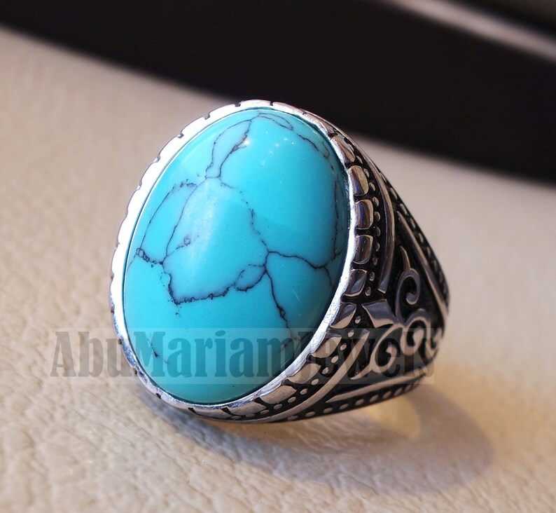 blue turquoise cabochon stone sterling silver 925 men ring vintage ottoman style jewelry oval imitation stone all sizes fast shipping image 3