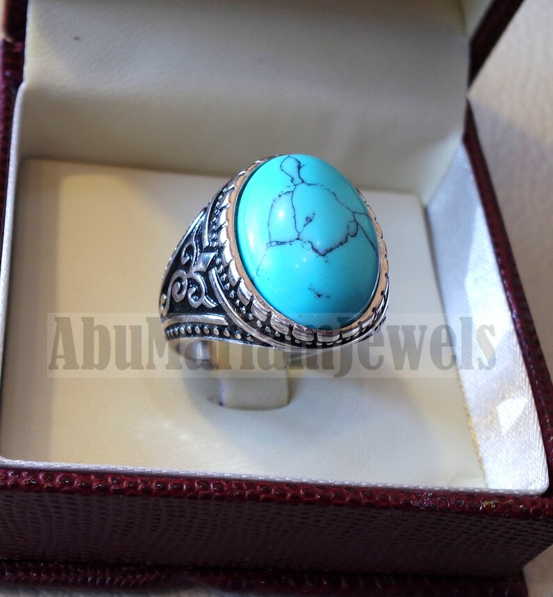 blue turquoise cabochon stone sterling silver 925 men ring vintage ottoman style jewelry oval imitation stone all sizes fast shipping image 5