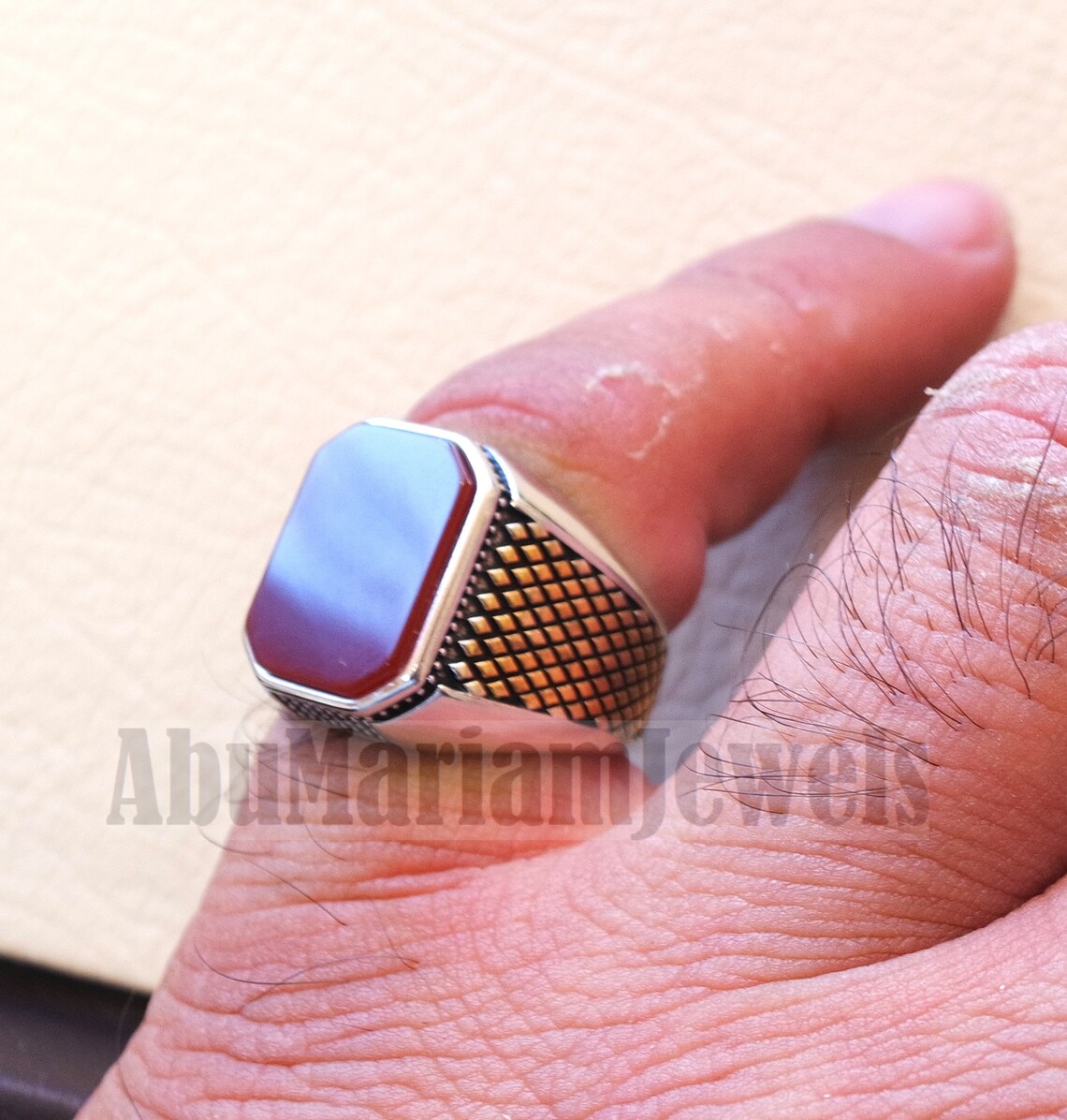 Rectangular Octagon Agate Red Aqeeq Carnelian Man Ring | Etsy
