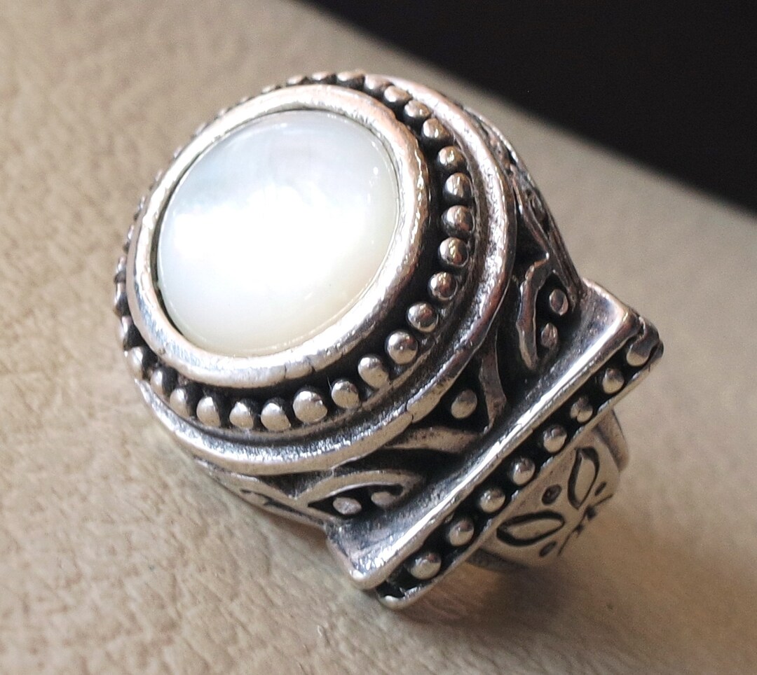 White Round Shell Heavy Boho Bohemian Ring Sterling Silver - Etsy