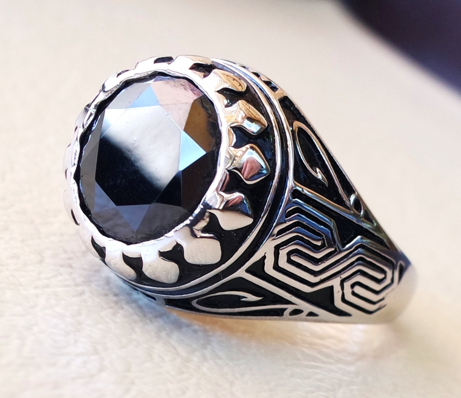 Round Black Diamond Cubic Zircon Ring Sterling Silver 925 Cz