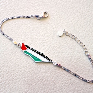 Pulsera con mapa y bandera de Palestina plata de ley 925 k se adapta a todos los tamaños doble cadena esmalte colorido joyería de alta calidad اسواره خارطه وعلم فلسطين