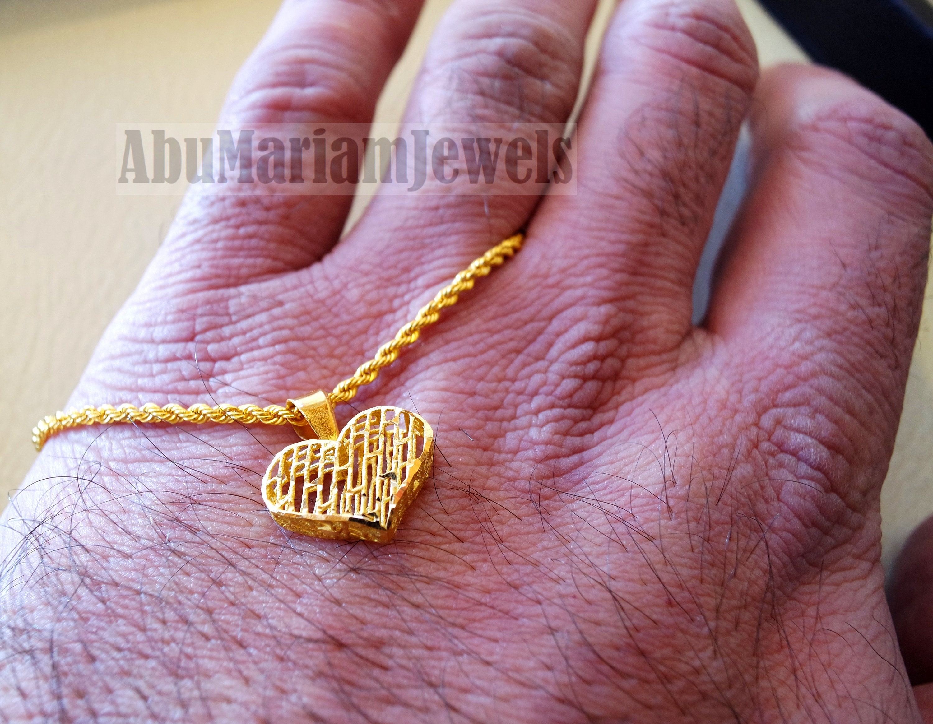 21K gold heart pendant with rope chain gold jewelry 16 and 20 inches f –  Abu Mariam Jewelry