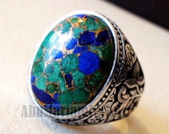 man ring copper Azurite natural stone sterling silver 925 oval cabochon semi precious gem  style all sizes jewelry