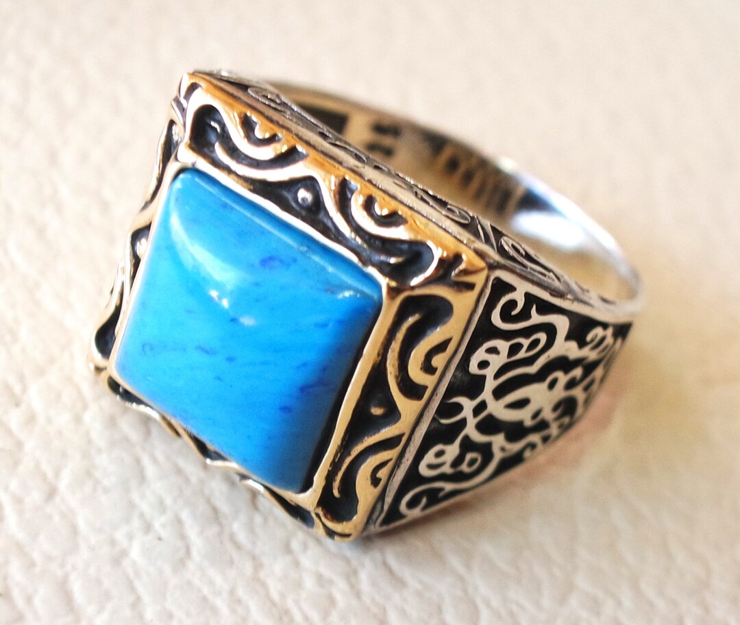 Square Synthetic Turquoise Blue Stone Heavy Sterling Silver 925 Man ...