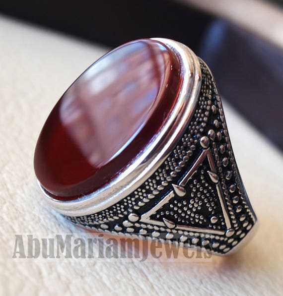 Hecho a mano Cara Grande Piedra Natural Ágata Rojo 925 Sterling Silver Anillo de hombre j2